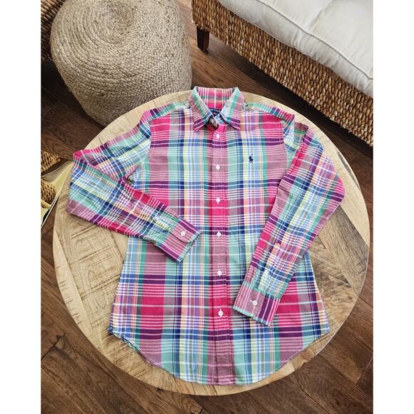 Ralph Lauren Madras Plaid Button Shirt Women's Size 6 Pony Logo Preppy - Picture 1 of 10